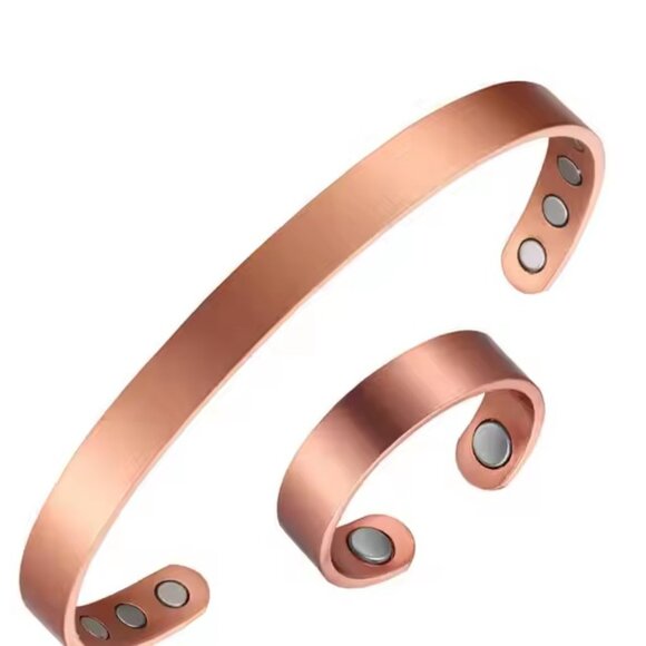Ring and Bracelet Set Pure Copper Plain Magnetic Energy Cuff Ring Bracelet Set